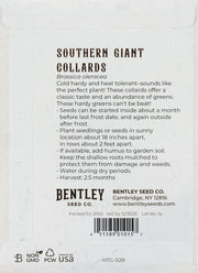 Back of Bentley Seed Co. - Collards-Southern Giant 1871 packet, featuring planting instructions, heirloom details, and Made in the USA icon for Athens Cooks.