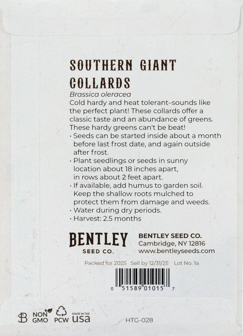 Back of Bentley Seed Co. - Collards-Southern Giant 1871 packet, featuring planting instructions, heirloom details, and Made in the USA icon for Athens Cooks.