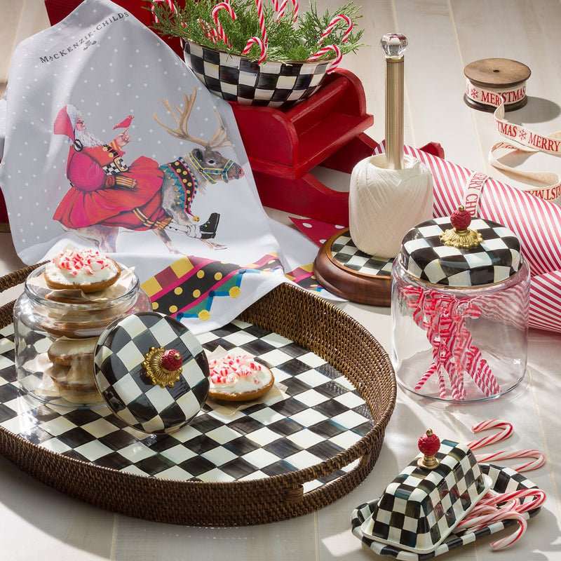 MacKenzie-Childs | Courtly Check Butter Box featured in a holiday vignette with matching checkered pieces, showcasing festive candy canes and cookies, ideal for Athens Cooks' curated kitchenware.