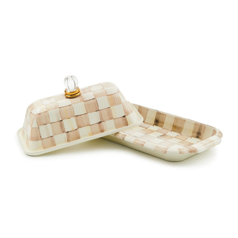 MacKenzie Childs | Mocha Check Butter Box: A two-piece butter dish with a cream-and-beige basket-weave pattern, featuring a domed lid and clear glass knob.