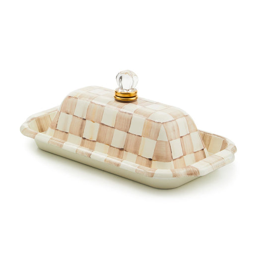 MacKenzie Childs | Mocha Check Butter Box featuring a hand-painted cream and tan checkered pattern, topped with a clear glass knob, crafted from hand-glazed steel.