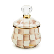 MacKenzie Childs | Mocha Check Lidded Sugar Bowl with hand-painted checks, gold rim, and clear knob, ideal for sugar, jams, or storage.