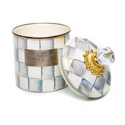 MacKenzie-Childs Sterling Check Small Canister, featuring hand-painted gray and white checks with a gold-accented crystal knob, ideal for storing kitchen essentials or decorative use.