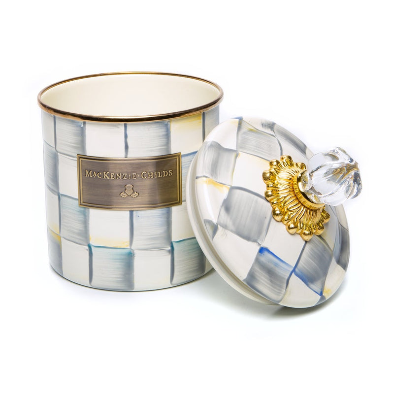 MacKenzie-Childs Sterling Check Small Canister, featuring hand-painted gray and white checks with a gold-accented crystal knob, ideal for storing kitchen essentials or decorative use.