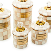 MacKenzie Childs | Mocha Check Small Canisters with hand-painted checkerboard pattern, gold accents, and faceted glass knobs, ideal for stylish kitchen storage.