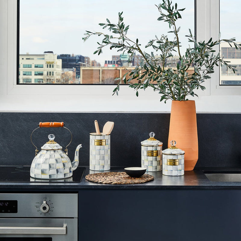 Sterling Check Medium Canister on a modern kitchen countertop, alongside matching kitchenware, embodying Athens Cooks' curated style and functionality.