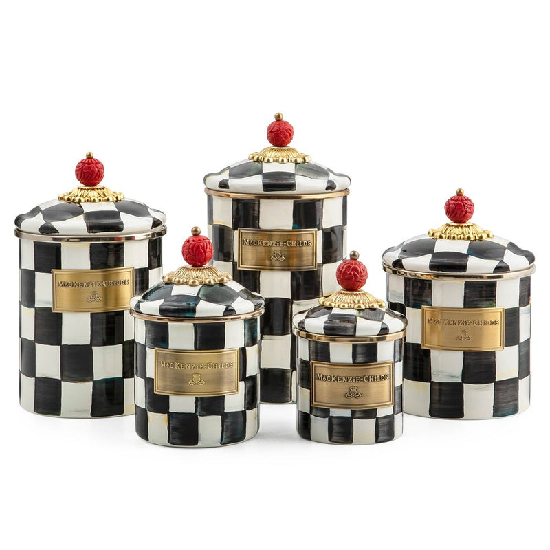 MacKenzie Childs | Courtly Check Large Canister set with hand-painted checkerboard design, gold-tone labels, sculpted red finials, perfect for versatile kitchen storage.