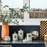 MacKenzie Childs Cookie Jar with Sterling Check Lid among decorative canisters and terracotta vase on dark countertop, overlooking urban skyline through large window.
