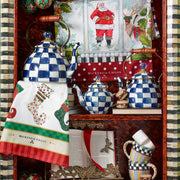 MacKenzie-Childs Royal Check Tea Kettle, 3 QT, on holiday display with matching mugs and festive décor at Athens Cooks kitchen store.