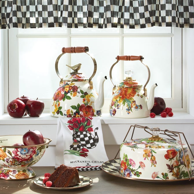 MacKenzie-Childs | White Flower Market Tea Kettle with Bird, 3 Qt