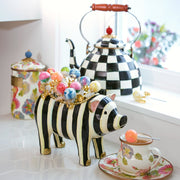 MacKenzie Childs | Courtly Check Tea Kettle, 3 QT., with matching checkered design, wooden handle, and brass-accented lid, displayed in a vibrant kitchen setting.