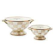 MacKenzie Childs | Mocha Check Large Colander: Pedestal-style with dual handles, hand-painted beige-and-cream checks, gold-tone trim, ideal for stylish kitchen preparations.