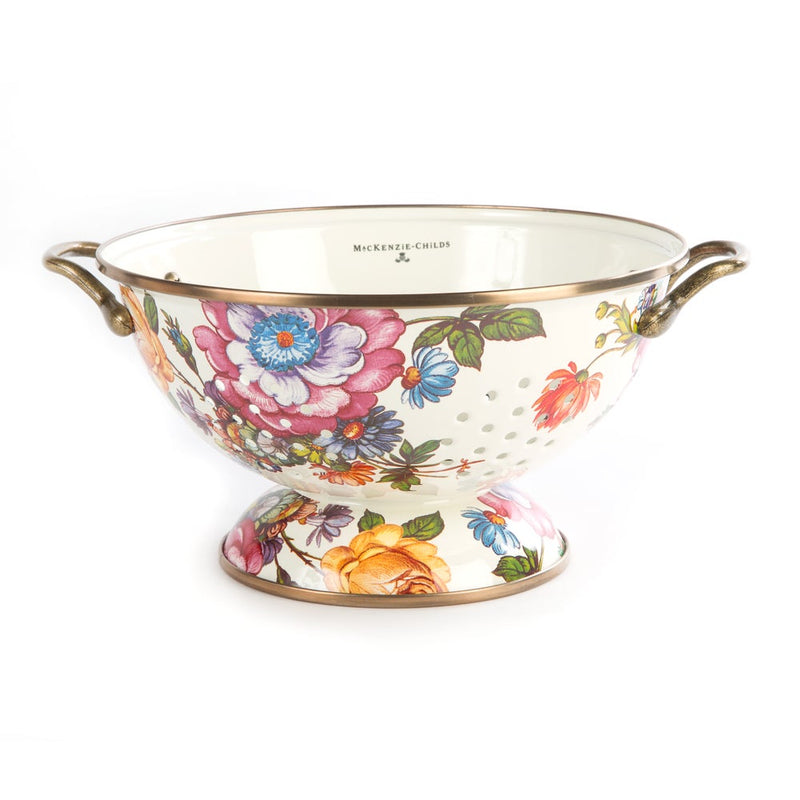 MacKenzie-Childs White Flower Market Large Colander with floral pattern, loop handles, and bronzed rim, ideal for kitchen use or display.