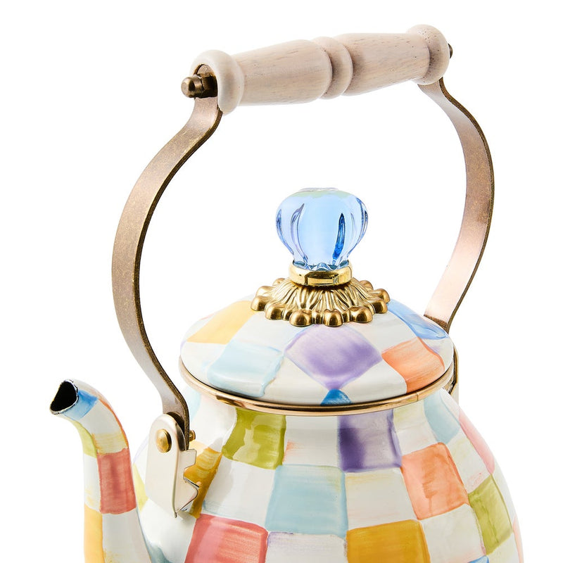 Mackenzie Childs | Confetti Check Tea Kettle, 2 QT: Decorative ceramic teapot with pastel checkerboard pattern, wood handle, faceted blue glass knob, and bronzed stainless steel rim.