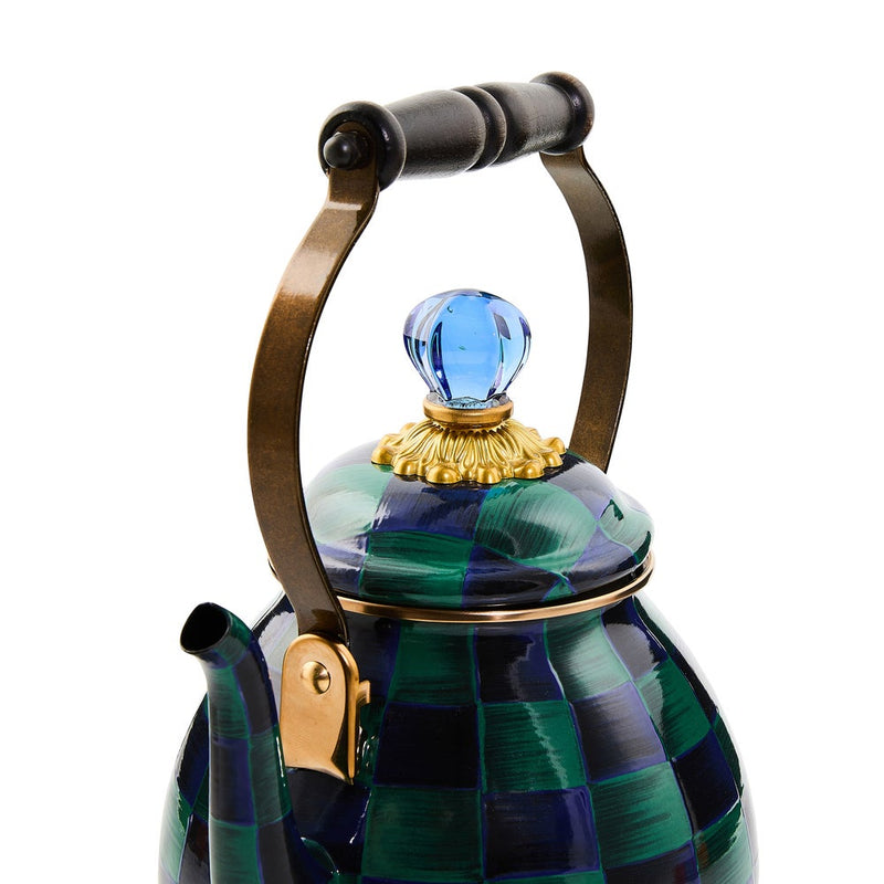 Mackenzie Childs | Juniper Check Tea Kettle, 2 QT., featuring a ceramic checkerboard design, metal handle with wood grip, and blue glass knob, perfect for stylish stovetops.