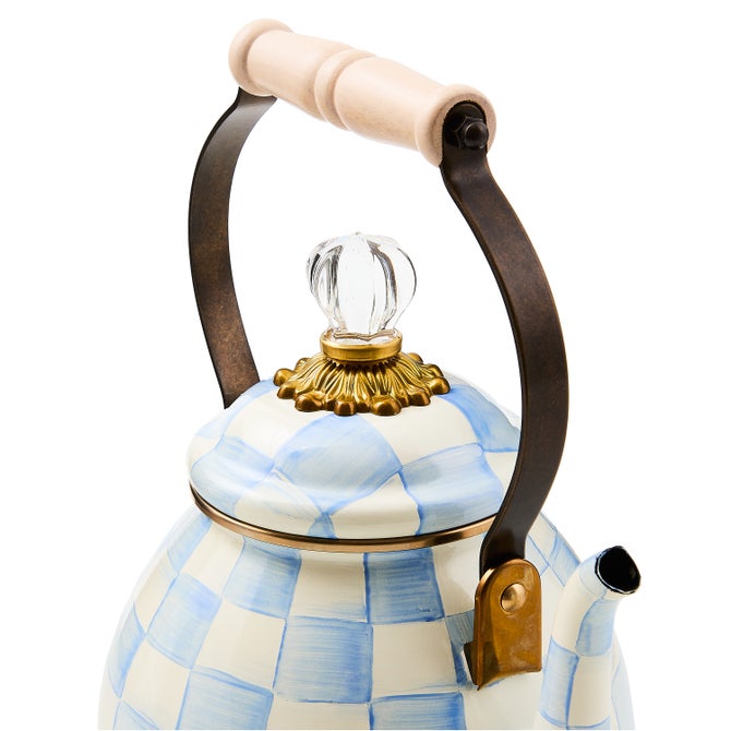 MacKenzie-Childs Sky Check Tea Kettle, 2 Qt: A decorative ceramic teapot with a blue-and-white gingham pattern, glass knob, and wood-handled metal hinge.
