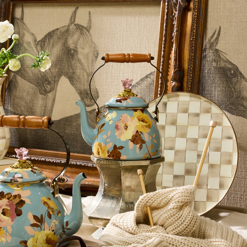 MacKenzie-Childs | Wild Rose Slate Tea Kettle, 2 Qt, elegantly displayed with floral motifs, alongside vintage decor, showcasing its dual functionality as kitchen art.