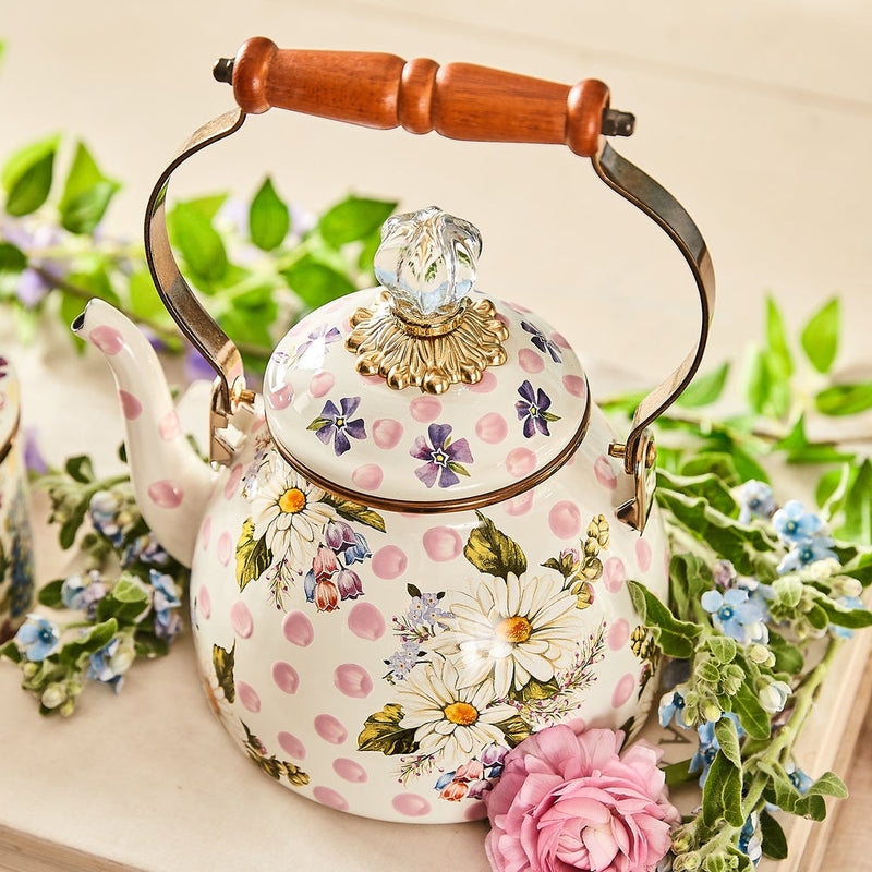 MacKenzie Childs | Wildflowers Pink Tea Kettle, 2 QT., cream with floral motifs, brass-tone accents, glass knob, wooden handle, surrounded by fresh blooms, ideal for Athens Cooks.
