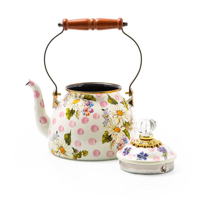 MacKenzie Childs Wildflowers Pink Tea Kettle, 2 QT., featuring a floral pattern, wood handle, and glass-topped lid, ideal for Athens Cooks' curated kitchen collection.