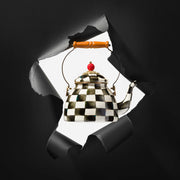 MacKenzie Childs | Courtly Check 2 Quart Tea Kettle with hand-painted checks, wood handle, and red bead lid, perfect for stovetop display.