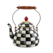 MacKenzie Childs | Courtly Check 2 Quart Tea Kettle featuring black and white checks, wooden handle, and faux-cinnabar bead-topped lid, perfect for stylish kitchen decor.