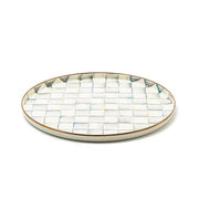 MacKenzie-Childs Sterling Check Round Tray: A hand-painted, gray-checked, oval serving tray with a gold-accented rim, perfect for stylishly serving drinks or displaying decor.