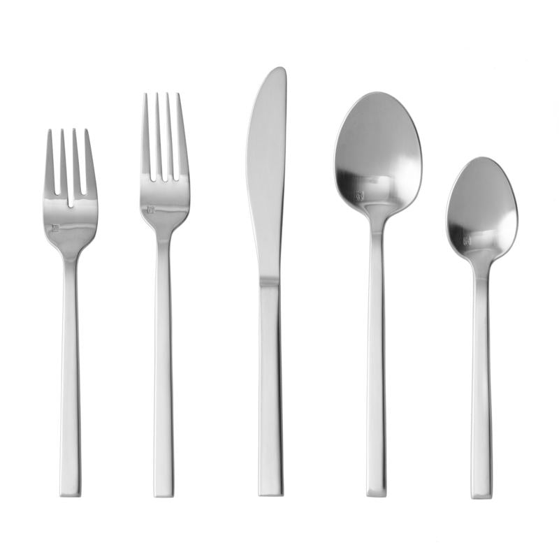 Zwiesel Fortessa | Arezzo Flatware, Brushed - 20-Piece Place Setting: A five-piece stainless-steel set with two forks, knife, tablespoon, and teaspoon, ideal for elegant dining.