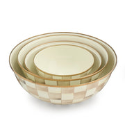 MacKenzie Childs | Mocha Check Medium Everyday Bowl: Set of three nesting bowls with checkerboard pattern and gold-toned rims, perfect for versatile kitchen use.
