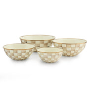 MacKenzie Childs | Mocha Check Medium Everyday Bowl set features hand-painted beige checks and bronzed rims, ideal for versatile kitchen use and nesting.