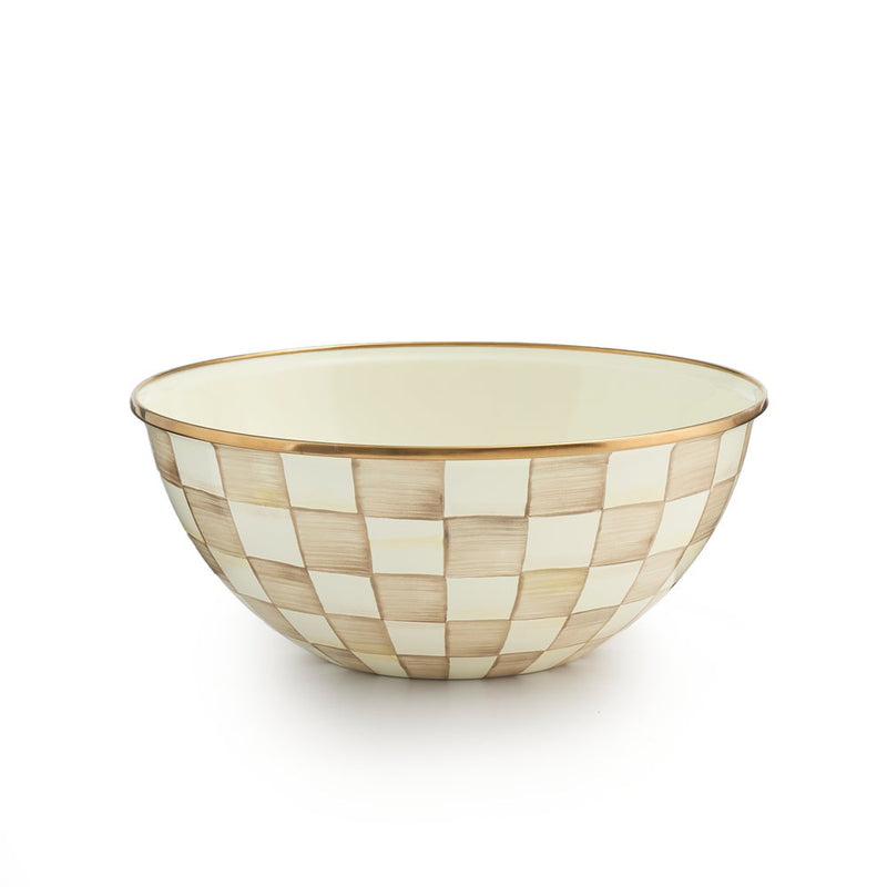 MacKenzie Childs | Mocha Check Large Everyday Bowl with hand-painted checker pattern, bronzed rim, ideal for versatile kitchen use, from Athens Cooks' curated kitchenware collection.