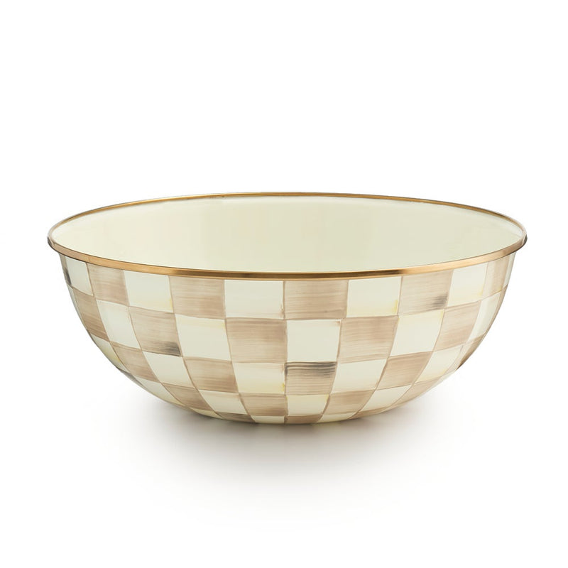 MacKenzie Childs | Mocha Check Extra Large Everyday Bowl with cream-and-gold checkered exterior, gold-trimmed rim, ideal for versatile kitchen use at Athens Cooks.