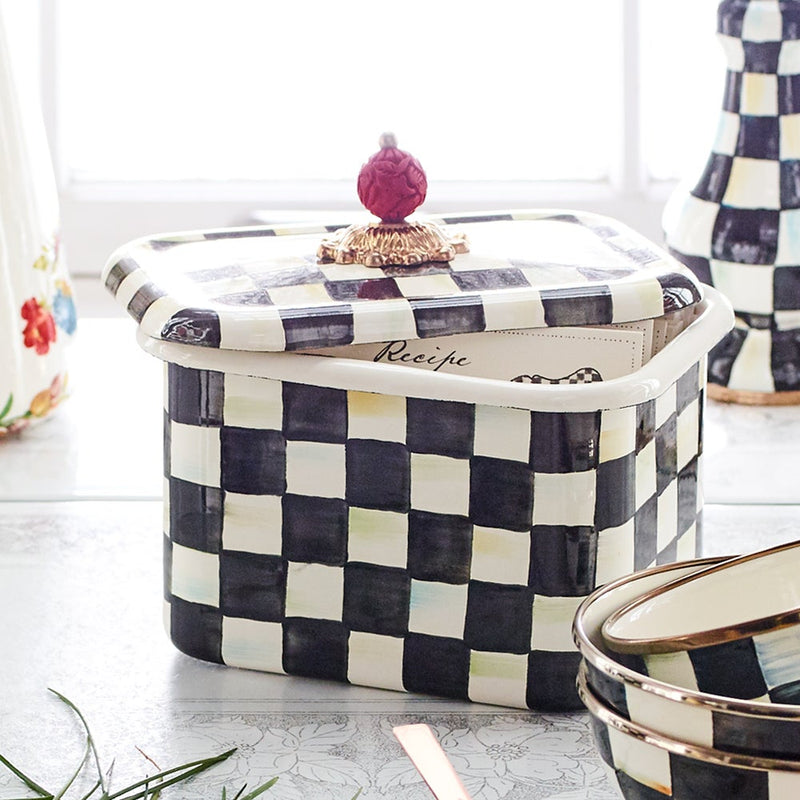 MacKenzie-Childs Courtly Check Recipe Box with black-and-white checkerboard pattern, red finial lid, and matching bowls on a kitchen countertop, featuring included recipe cards.