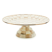 MacKenzie Childs | Mocha Check Large Pedestal Platter with hand-painted coffee checks, short base, and bronzed rim, ideal for elegant presentations at gatherings.