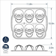 Nordic Ware Skull Cakelet Pan with six skull cavities, cast-aluminum mold perfect for baking or creating spooky treats. Ideal for themed gatherings or baking enthusiasts.