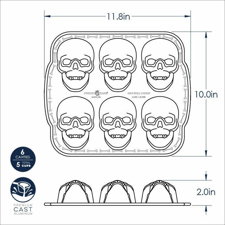 Nordic Ware Skull Cakelet Pan with six skull cavities, cast-aluminum mold perfect for baking or creating spooky treats. Ideal for themed gatherings or baking enthusiasts.