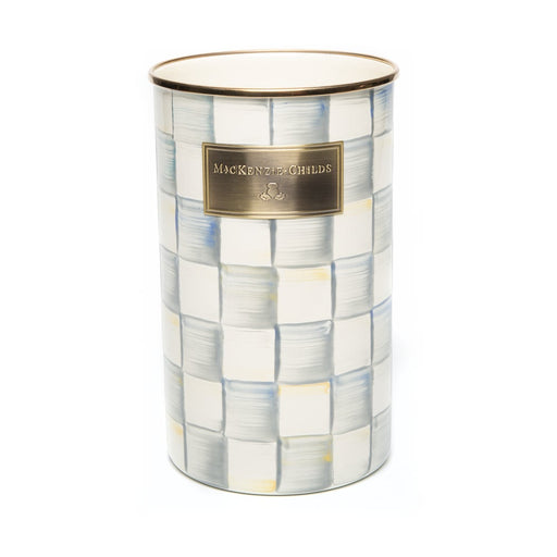 MacKenzie Childs | Sterling Check Utensil Holder: Tall ceramic pot with hand-painted checks, gold-tone rim, and brass nameplate, ideal for kitchen tools or brushes.