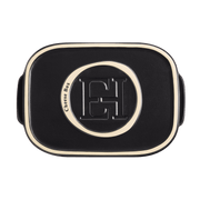 Emile Henry Cheese Box in clay, features matte black finish with cream trim, embossed lid, designed for preserving cheese, doubles as serving platter.