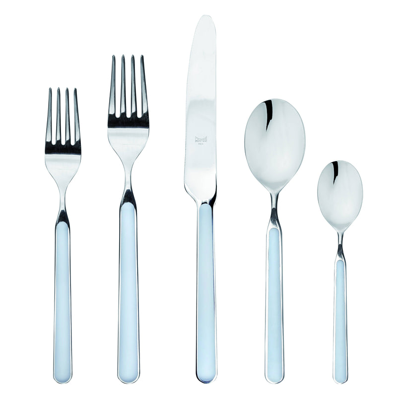 Mepra SPA - Place Set 5 Pcs Fantasia: Light Blue, featuring a fork, knife, and spoon crafted from premium 18/10 stainless steel with durable resin handles.