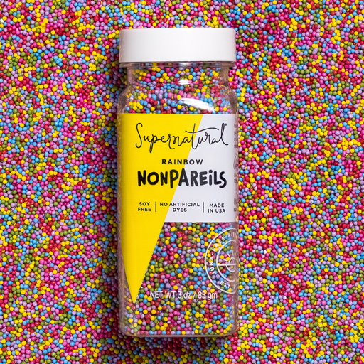 Supernatural - Dye-Free Rainbow Nonpareils Sprinkles, 3oz: A clear jar with multicolored sprinkles, emphasizing natural ingredients and allergen-free, perfect for creative baking at Athens Cooks.