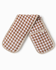 MagicLinen - Double oven mitt in brown and white checkered pattern, designed for heat protection and part of a zero-waste program. Ideal for Athens Cooks' kitchen enthusiasts.