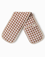 MagicLinen double oven mitts made from natural linen with a brown and white checkered pattern, designed for heat protection and sustainability.