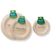bambu® - Disposable Bamboo Round Plates: 7 inches, featuring eco-friendly, compostable design with “All Occasion Veneerware” branding, ideal for sustainable dining events. Set of 8 included.