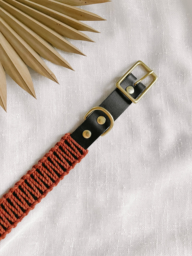 EMBER & IVORY - Black/Rust WIDE Leather & Macrame Collar: Small, crafted in black leather with brass hardware and rust macramé detailing, displayed on textured fabric.