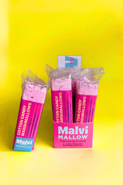Malvi Mallow - Cotton Candy 4-Pack Marshmallows, Case of 12 Packs displayed with pink packaging, showcasing unicorn-inspired marshmallow bars coated in sprinkles.