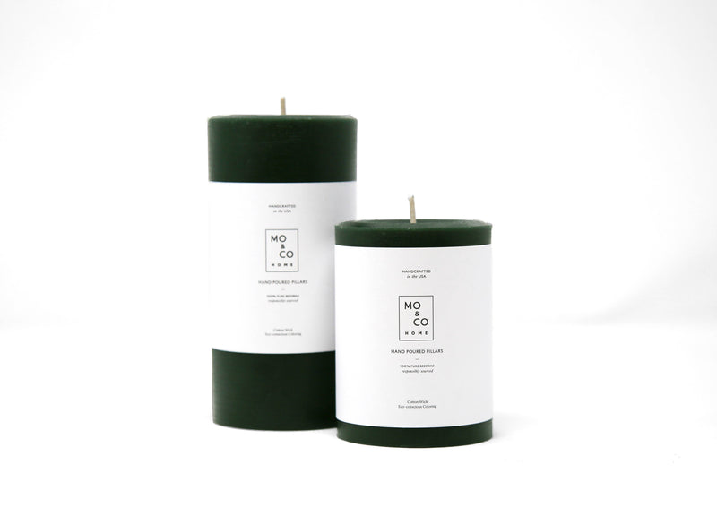 Mo&Co Home - Forest Green | 100% Beeswax Pillar Candle, hand-poured, eco-friendly, unscented, perfect for enriching celebrations; available in 3x6 inches with 90-hour burn time.