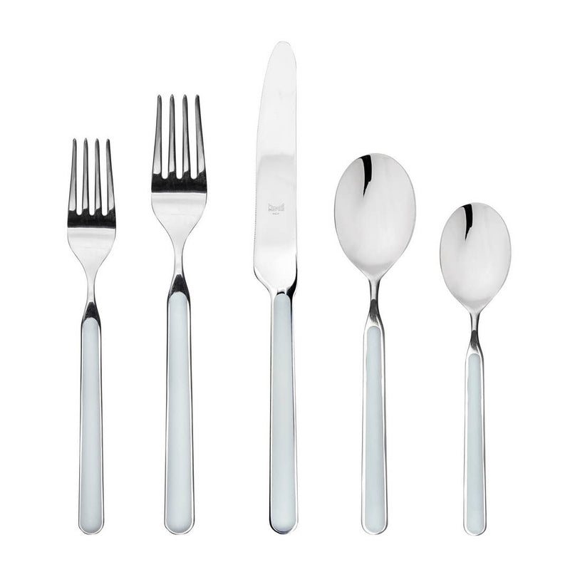Mepra SPA - 20 PCS SET FANTASIA LIGHT BLUE: Italian-made silverware set featuring durable stainless steel and resin handles, including double-serrated knives for lasting sharpness.