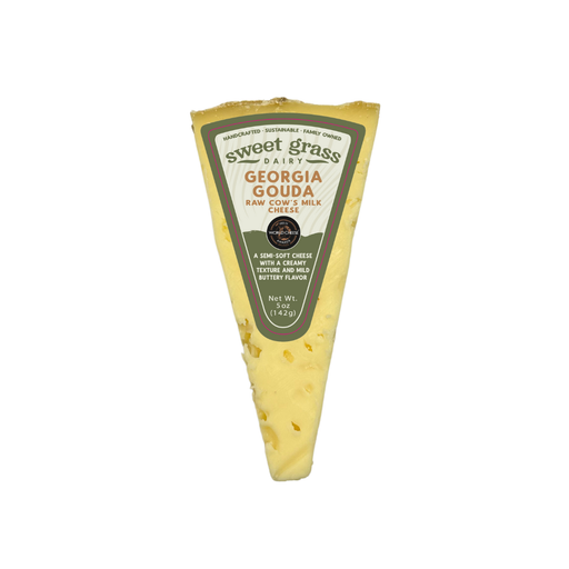 Sweet Grass Dairy - Georgia Gouda Retail Pieces, a semi-soft, creamy raw cow's-milk cheese wedge with a mild buttery flavor, 5 oz, showcasing its handcrafted label.