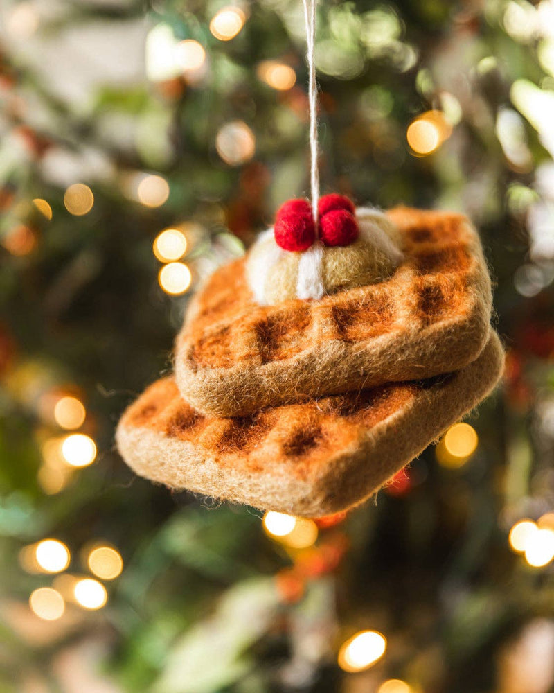 Farmhouse Pottery - Felted Breakfast Ornament: Pancake Stack featuring handcrafted felt waffles with a butter pat and berries, hanging by twine. Perfect for cozy kitchen decor.