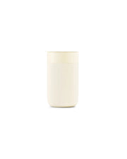 Reusable Ceramic Mug: Terrazzo Blush, 16 oz, with a white lid, featuring a splash-resistant slide-lock tab and silicone sleeve for grip.