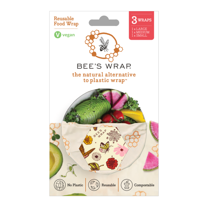 Bee's Wrap - Assorted 3 Pack - Meadow Magic, Plant Based Wax: Reusable, compostable food wraps with vegan badge, showcasing bowl of produce and eco-friendly icons.